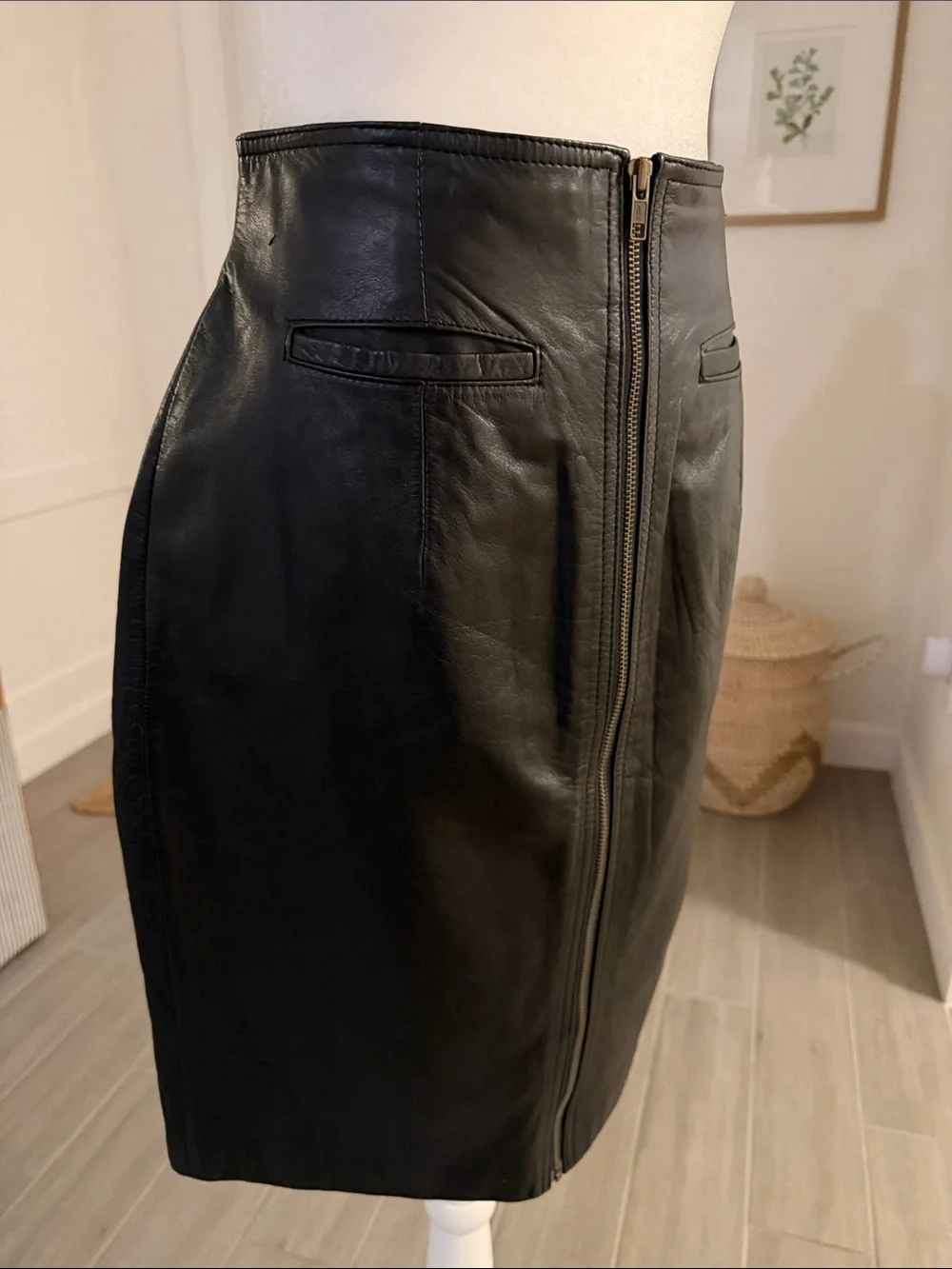 Vintage Black Leather Pencil Skirt 90s Minimalist Model Off Duty Y2K - Picture 6 of 14